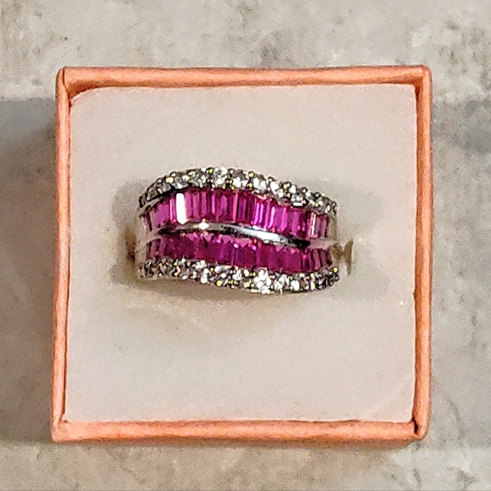 STERLING SILVER RUBY & DIAMOND RING BAGUETTE CUT RUBY & ROUND CUT DIAMONDS 8½ - Picture 4 of 16